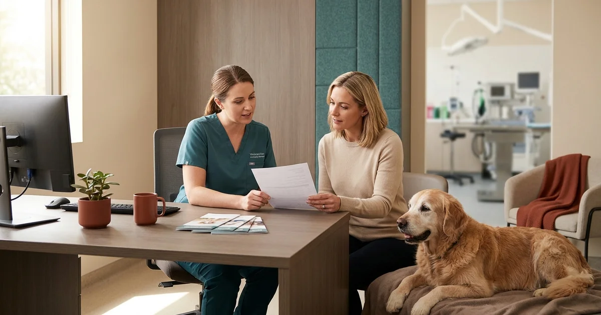 Delaware dog owner reviewing a written splenectomy surgery estimate with a veterinary surgeon for a canine splenic mass