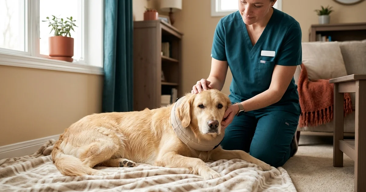 Golden retriever resting calmly on a blanket at his Wilmington DE home while recovering from foreign body removal surgery