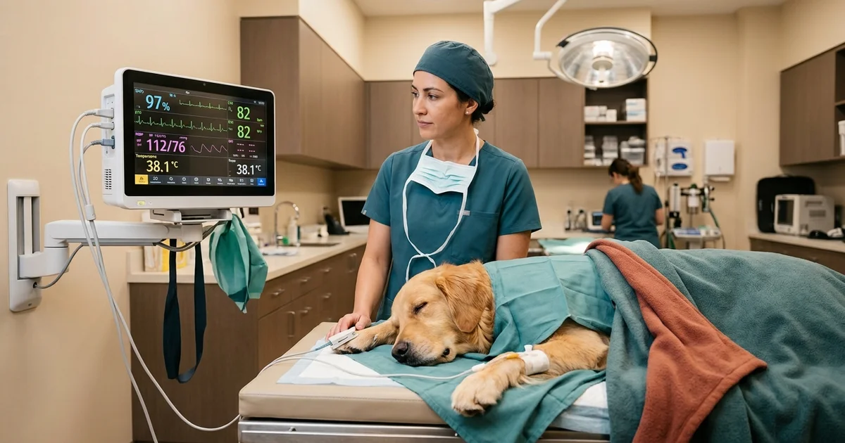 Multi-parameter anesthetic monitor displaying SpO2, ECG, blood pressure and temperature beside a sleeping dog during canine surgery at a Brandywine Valley veterinary practice
