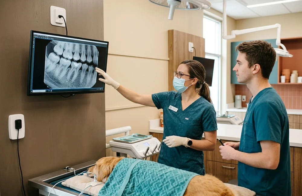 Digital intraoral dental radiograph on a clinic monitor showing tooth root detail