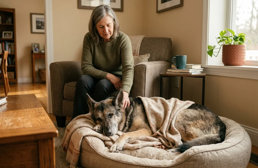 Older German Shepherd recovering at home in Delaware after spleen removal surgery