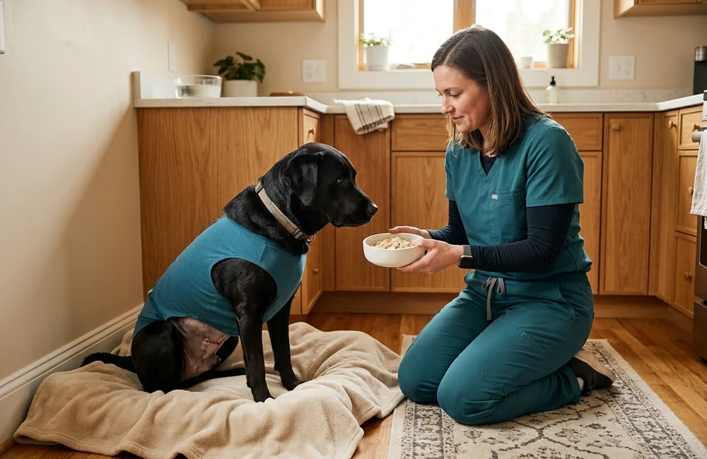 Owner offering a small bland-diet meal to a recovering labrador at home after abdominal surgery