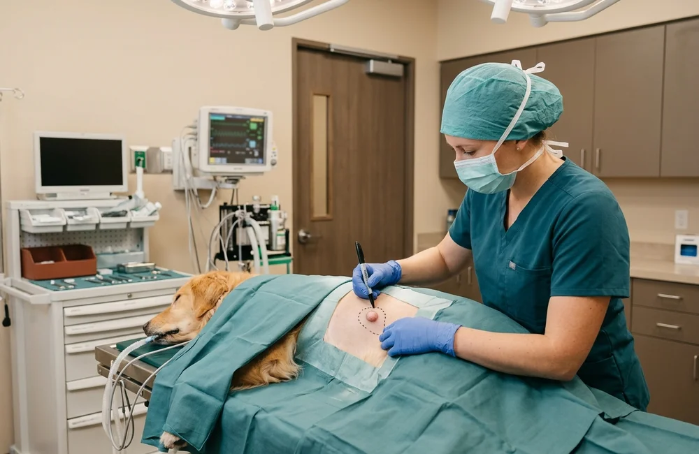 Surgeon marking oncological margins around a skin mass on a dog at our Wilmington DE surgical practice
