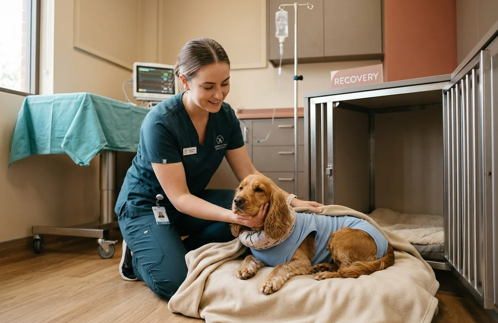Veterinary nurse settling a spaniel into recovery after cystotomy at our Wilmington DE surgical practice