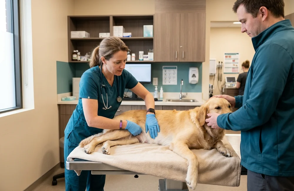 Veterinary surgeon examining a retriever's abdomen during an urgent foreign body consultation in Brandywine Valley