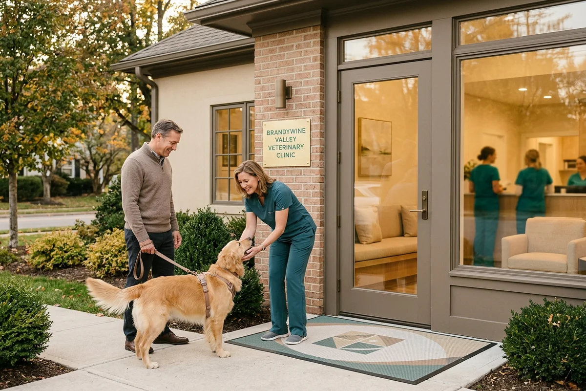 Veterinary surgeon greeting a dog owner and their retriever outside a canine surgery clinic in a leafy Brandywine Valley street near Wilmington DE