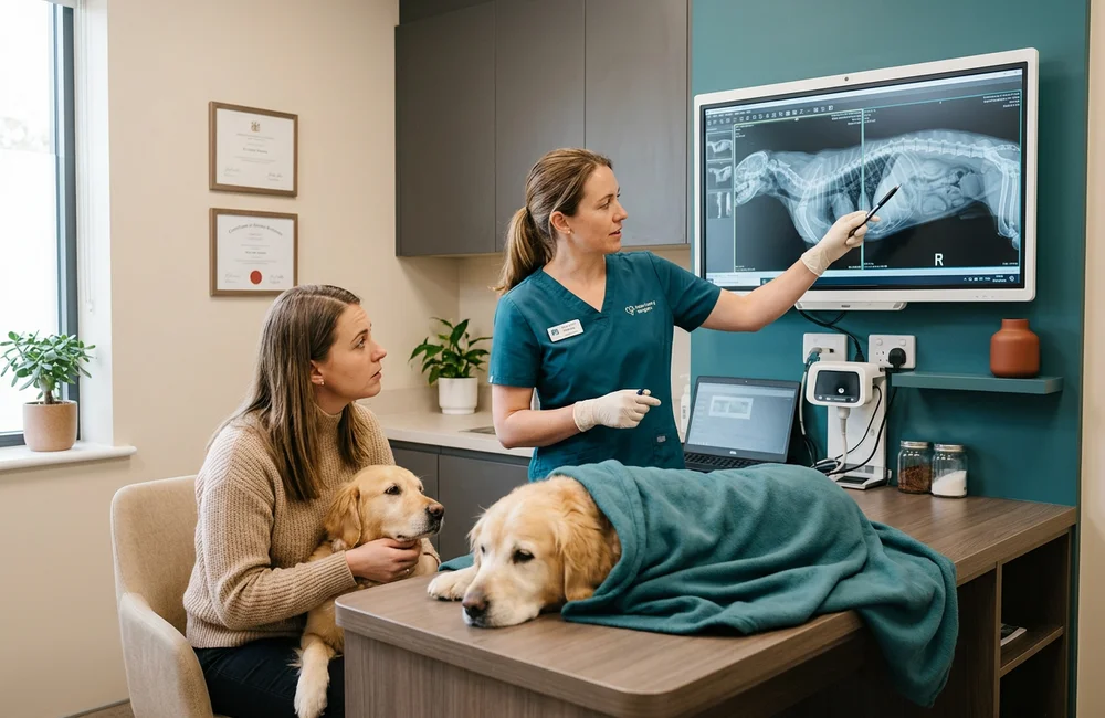 Veterinary surgeon reviewing abdominal X-rays before dog foreign body surgery at a Wilmington DE clinic
