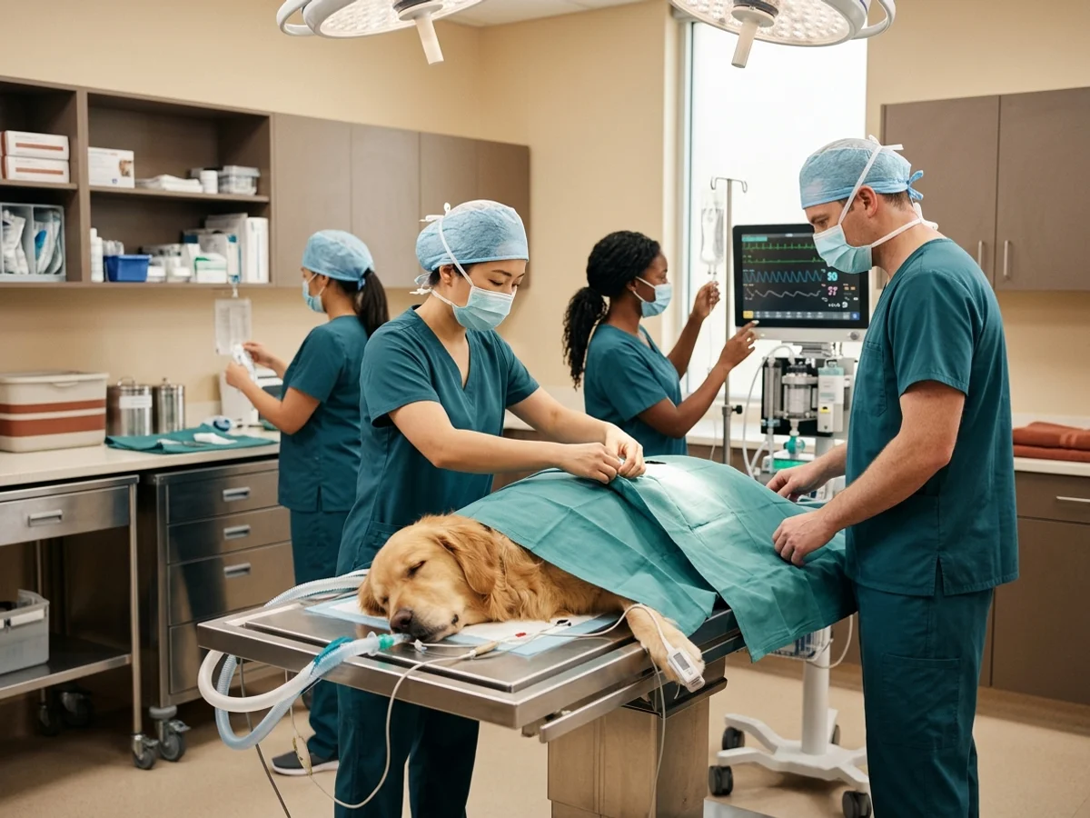 Veterinary surgical team in Wilmington DE preparing for urgent pyometra surgery on a monitored sleeping female dog
